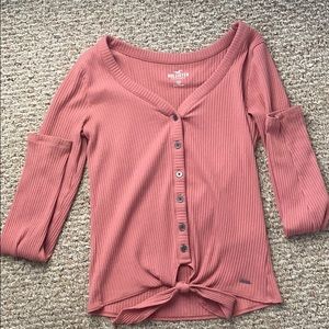 pink tie button up front top